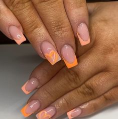 French Nails With Orange Tips and Hearts Orange French Tip, Orange Nail Designs, Quick Nail, Weak Nails, Nails Fun, Nails Today, Striped Nails, Summer Acrylic Nails, French Tips