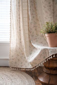 a potted plant sitting on top of a wooden table next to a window curtain