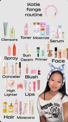 a woman standing in front of a white background with lots of cosmetics on it