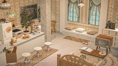 an aerial view of a living room and kitchen area in a doll house with furniture