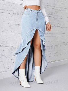 Chic Fitted Asymmetrical Denim Skirt, Fitted Chic Asymmetrical Denim Skirt, Chic Asymmetrical Fitted Denim Skirt, Asymmetrical Hem Denim Bottoms, Fitted Medium Wash Bottoms With Asymmetrical Hem, Asymmetrical Skirt With Frayed Hem For Fall, Asymmetrical Hem Denim Bottoms In Blue, Frayed Hem Asymmetrical Skirt For Fall, Spring Asymmetrical Denim Blue Bottoms