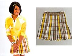 a woman in yellow shirt and plaid skirt next to an image of the same skirt