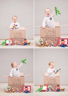 a collage of photos showing a baby playing in a cardboard box with toy dinosaurs