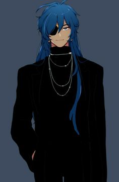 an anime character with blue hair wearing a black suit