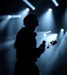 a man holding a rose in his hand while standing on stage with lights behind him