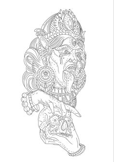 a drawing of a woman holding a cat in her hand with an ornate headdress