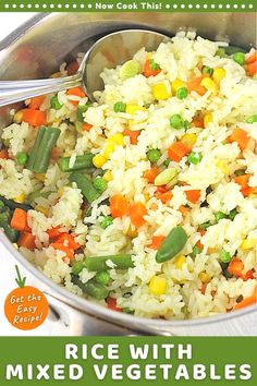 rice with mixed vegetables and peas in a pan