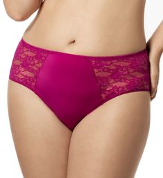 This panty is subtly elegant with its extremely soft touch against the skin and lace sides. Covered elastic waistband and trim with overlock edge stitch. Covered elastic along leg openings for a comfortable fit. High rise. Moderate rear coverage. Sewn-in finished crotch for comfort. Mesh lace accents on sides. Features microfiber to wick moisture and keep you dry. Elila Women's Lace and Microfiber Panty in Pink | Plus Size 4XL | HerRoom.com Aubergine Color, Pink Plus Size, Purple Bras, Men Boxers, Coral Lace, Boxers Briefs, Lace Side, Edge Stitch, Lingerie Outfits