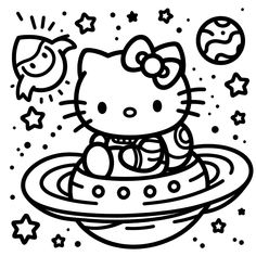 hello kitty floating in an alien ship coloring page