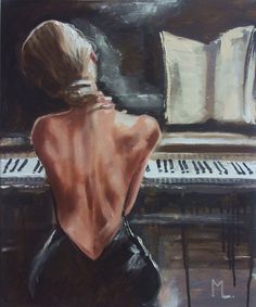 a painting of a woman sitting in front of a piano with her back to the camera