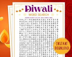 the word search for diwali is displayed in front of an orange and red background