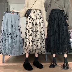 Lasaky - Floral Velvet Embroidered Mesh Midi Skirt with High Waist and Flowy Hemline Princess Skirts, Pleated Tulle Skirt, Y2k Fall Outfits, Estilo Harajuku, Tulle Long Skirt, High Waist Long Skirt, Wrap Maxi Skirt, Chiffon Floral, Long Skirts For Women