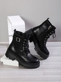 Black Punk Collar   Plain Combat Boots Embellished   Women Shoes Black Boots For School, Trendy Boots For Teens, Aesthetic Black Boots, Black White Shoes, Kpop Boots, Shein Boots, Combat Boots Women, Black Boots Aesthetic, Botas Grunge