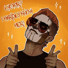 a drawing of a man wearing sunglasses and giving the peace sign with his hand while standing in front of an orange background