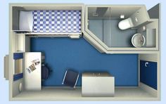 an overhead view of a small blue and white room with a bed, sink, refrigerator and toilet