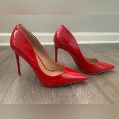 Classic Pump. Glossy Vibrant Red Color. Never Worn And In Great Condition. 4” Stiletto Heel. Red Fitted High Heel Court Shoes, Fitted Red High Heel Court Shoes, Red Pointed Toe Court Shoes With 4-inch Heel, Bold Pointed Toe Heels For Formal Occasions, Sleek Red Pointed Toe Heels, Red Pointed Toe Heels With 4-inch Heel, Chic Red High Heel Court Shoes, Red Sleek Heels For Evening, Sleek Red Heels For Evening