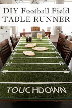 a football field table runner with plates on it