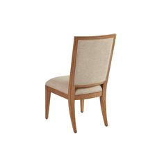 a wooden chair with beige upholstered fabric