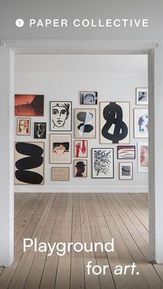 an open door leading into a room with pictures on the wall and text that reads paper collective playground for art