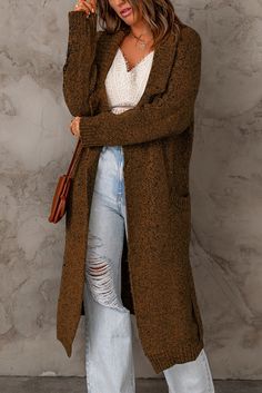 Brown Shawl Collar Belted Knitted Long Sweater Solid Acrylic Sweater Coat For Fall, Fall Acrylic Solid Color Sweater Coat, Casual Brown Sweater Coat, Casual Acrylic Sweater Coat For Fall, Casual Brown Knit Sweater Coat, Solid Open Knit Sweater For Fall, Solid Open Knit Fall Sweater, Casual Knitted Sweater Coat, Fall Solid Color Open Knit Sweater