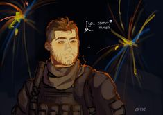 a drawing of a man with fireworks in the background