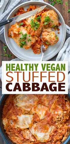 healthy vegan stuffed cabbage casserole in a skillet on a wooden table