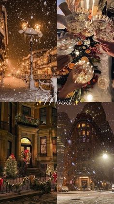 a collage of photos with christmas lights and buildings