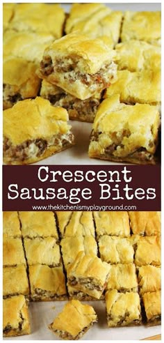 three different types of cheese and sausage bites on a cutting board with text overlay that reads, 3 ingredient crescent sausage bites