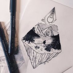 a drawing of a mountain with trees and mountains on it