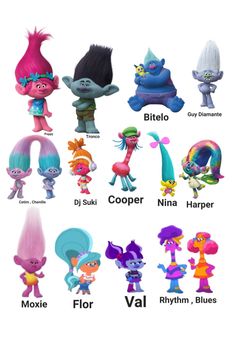 an image of cartoon characters in different colors and sizes, with the names on them