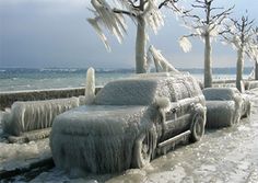 there are four pictures of cars covered in ice and icicles next to the ocean