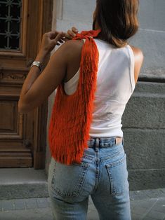 Grace bag tangerine – Cuckoo B Fringe Bag Outfit, North Of Spain, Statement Bag, Fringe Bags, Black Fringe, The Grace, Fabric Bag, Feeling Special, Knitted Scarf