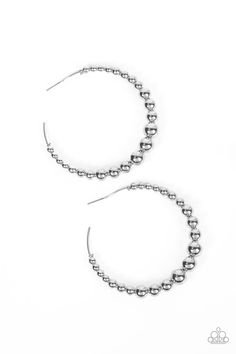 Gradually increasing in size, shiny silver beads are threaded along an oversized silver hoop for a gritty and glamorous effect. Earring attaches to a standard post fitting. Hoop measures approximately 2 1/2" in diameter.

 Sold as one pair of hoop earrings. Paparazzi Accessories, Silver Accessories, Paparazzi Jewelry, Pink Bracelet, Shiny Silver, Silver Hoops, Silver Hoop Earrings, Show Off, Earring Necklace