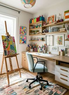 a home office with lots of art and craft supplies