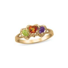 Three birthstone hearts in your choice of 10k or 14k gold are prominently set in this beautiful ring. Show off your good taste with a gift she will cherish. Each stone signifies a special someone. Perfect to wear for any occasion, whether in flip flops or high heels. This lovely ring is polished to a sparkling shine and set with three 4x4 mm heart shaped simulated birthstones. A stylish accessory that can be worn anytime and an ideal gift for Birthday, Graduation, Mothers Day, Valentines Day, Ch Family Ring, Family Rings, Lovely Ring, Gift For Birthday, Beautiful Ring, Heart Design, Stylish Accessories, Beautiful Rings, Women Rings