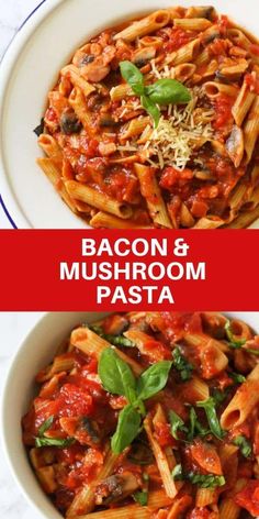 bacon and mushroom pasta in a white bowl with basil leaves on top, next to the recipe