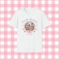 "The unisex soft-style Palm Beach t-shirt puts a new spin on casual comfort.  Introducing our \"Palm Beach Chic\" T-shirt - the comfiest piece of paradise you can wear! 🌴👕 Are you tired of ordinary, dull shirts or hoodies? Say goodbye to boring fashion and hello to the Palm Beach party on your chest! 🎉🌞 Picture yourself strolling down Worth Avenue, sipping a mimosa, and casually flashing your fabulous Palm Beach Florida 33480 T-shirt like you just inherited a pineapple farm on the island! 🍍 Chest Picture, Palm Beach Party, Pink Palm Tree Print Beach Top, Palm Beach Sweatshirt, Pink Boa, White Palm Tree Print T-shirt For Summer, Pineapple Farm, Pink Hawaiian Beach T-shirt, Palm Beach Chic