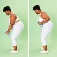 two images of a woman in white pants and tank top, holding a pair of blue dumbbells