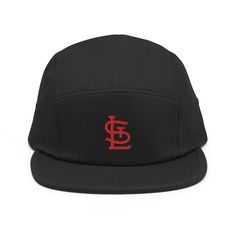 a black hat with red lettering on it