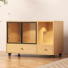 a wooden cabinet sitting on top of a hard wood floor next to a potted plant