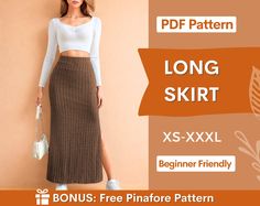 a woman wearing a long skirt with the text,'free pattern'on it