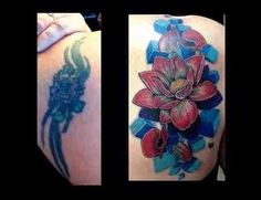 two pictures of tattoos with flowers on them