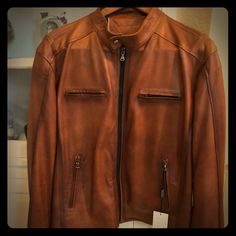 Vera Pelle Men’s Leather Jacket. Zip Up Front. Beautiful Caramel Coloring. Made In Italy. Brand New- Never Worn. Measurements: Shoulders 21” Across, Sleeve Length 26”, Waist Across 21.5”. Tailored Fit For The Hip Man! Designer Brown Leather Jacket For Business, Classic Brown Biker Jacket For Business, Classic Cognac Leather Jacket For Winter, Classic Cognac Leather Jacket For Fall, Classic Cognac Leather Jacket, Designer Brown Biker Jacket For Fall, Classic Cognac Leather Jacket With Long Sleeves, Classic Long Sleeve Leather Jacket In Cognac, Brown Leather Jacket For Business Casual