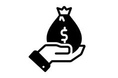 a hand holding a money bag with a dollar sign in it's palm, black and white