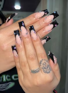 Cute Black Nails, Black Coffin Nails, Lake Washington, Nails Design With Rhinestones, French Acrylic Nails