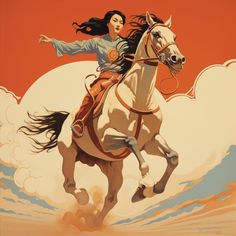 a painting of a woman riding on the back of a white horse in front of an orange sky