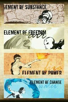 four different types of anime characters with the words element of substance, element of freedom and element of power