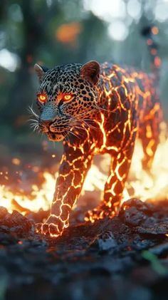 a close up of a leopard on fire with trees in the background