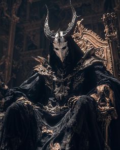 a horned demon sitting on top of a golden chair in front of an ornate wall