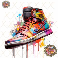 a pair of colorful nike sneakers on top of a drip painted wall with the words, don't stop